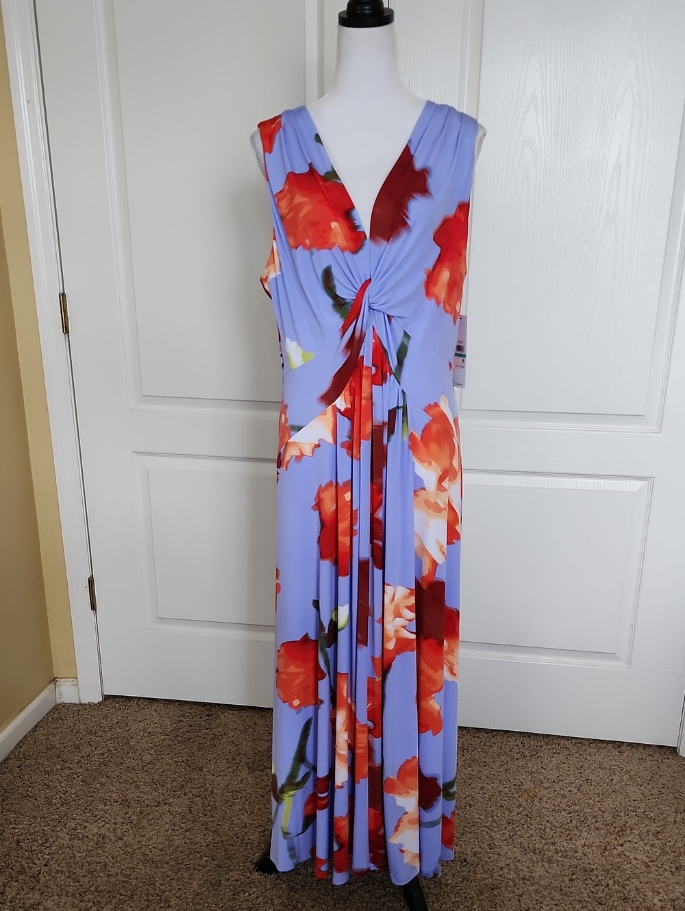 Calvin Klein Sleeveless Lavender Maxi Dress with Red Floral Print